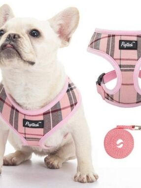 PUPTECK Pink Plaid Soft Mesh Dog Harness & Leash Set - Size M
